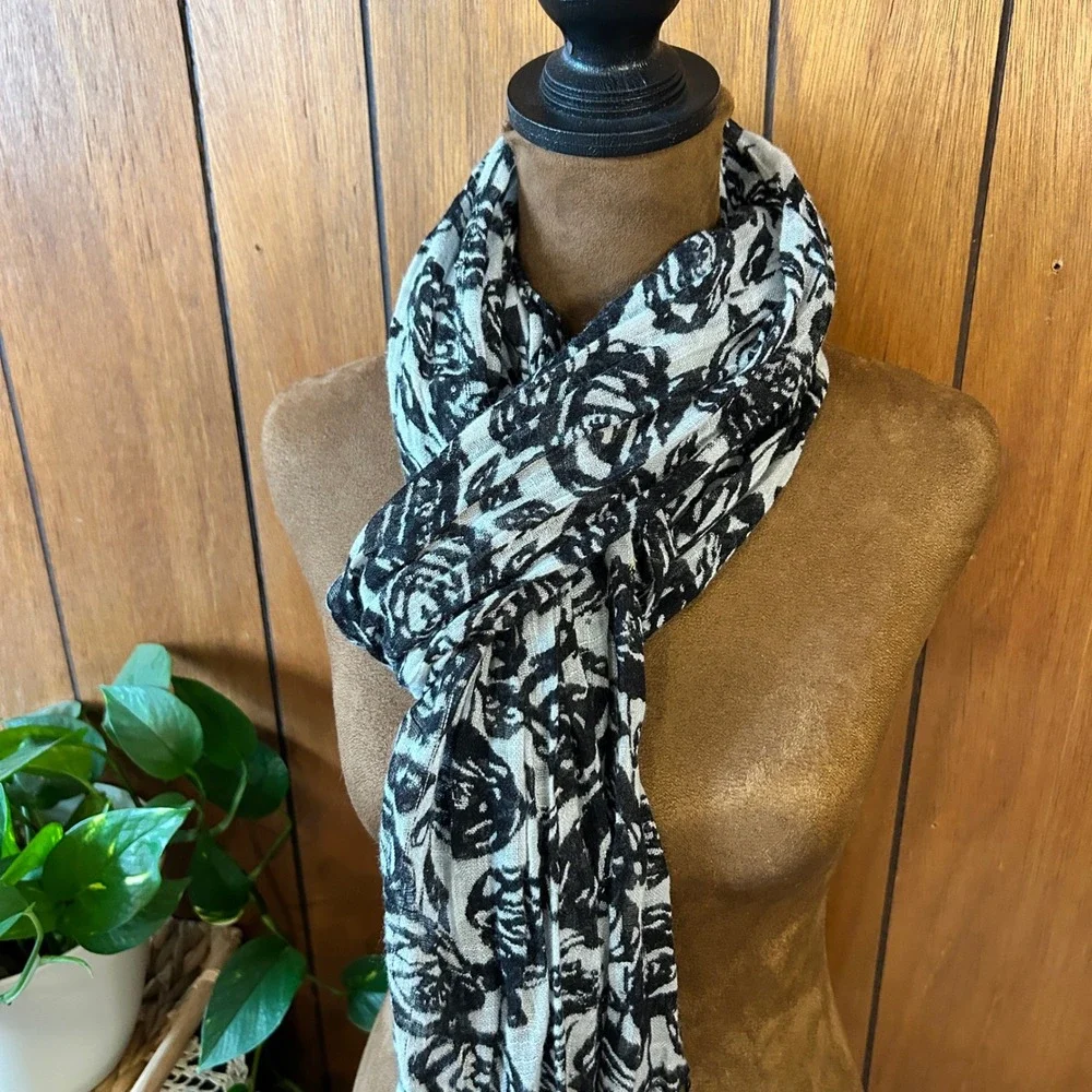 Linen Black White Rose Print Scarf Shawl Fringe Lightweight Bohemian Lightweight